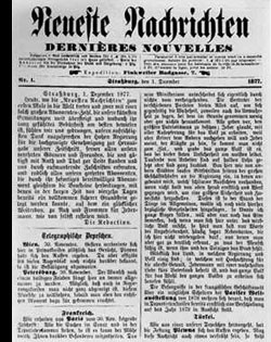 Titelseite der Erstausgabe der Straßburger "Neuesten Nachrichten" (Dernières Nouvelles d'Alsace), 1. Dezember 1877